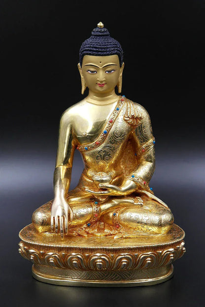Turquoise and Coral inlaid Shakyamuni Buddha Statue, 8"