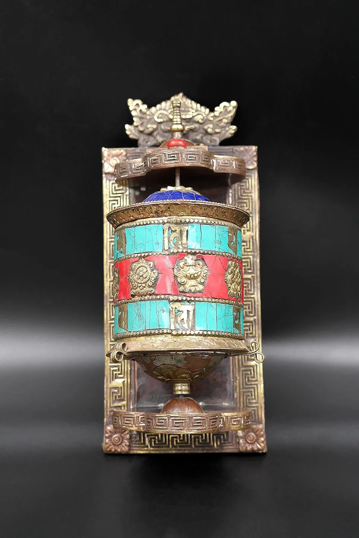 Eight Auspicious symbols and Gemstone inlaid Wall mounted Prayer wheel - Vajracrafts
