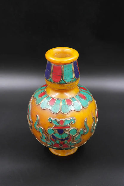 Vase of Treasure inlaid Amber floral Vase with Gemstones - Vajracrafts