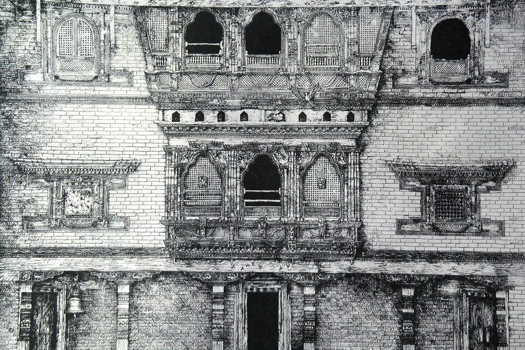 Handmade Lokta Paper Poster of Courtyard Elevation of Kuthu Math, Bhaktapur - Vajracrafts