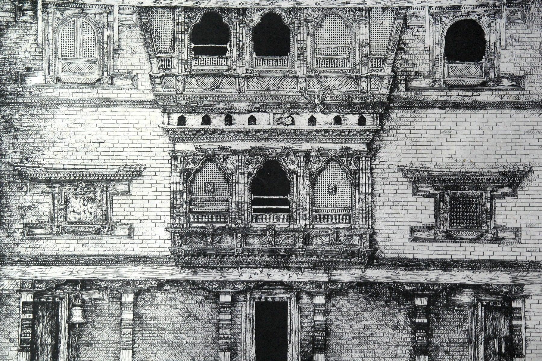 Handmade Lokta Paper Poster of Courtyard Elevation of Kuthu Math, Bhaktapur - Vajracrafts