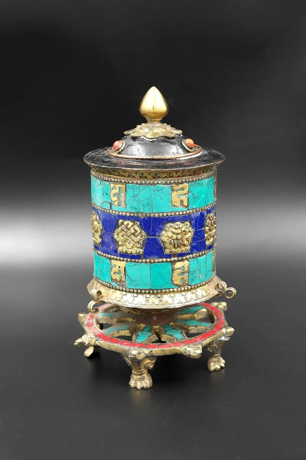 Om mane peme hum mantra embossed desktop Prayer Wheel, 6" - Vajracrafts