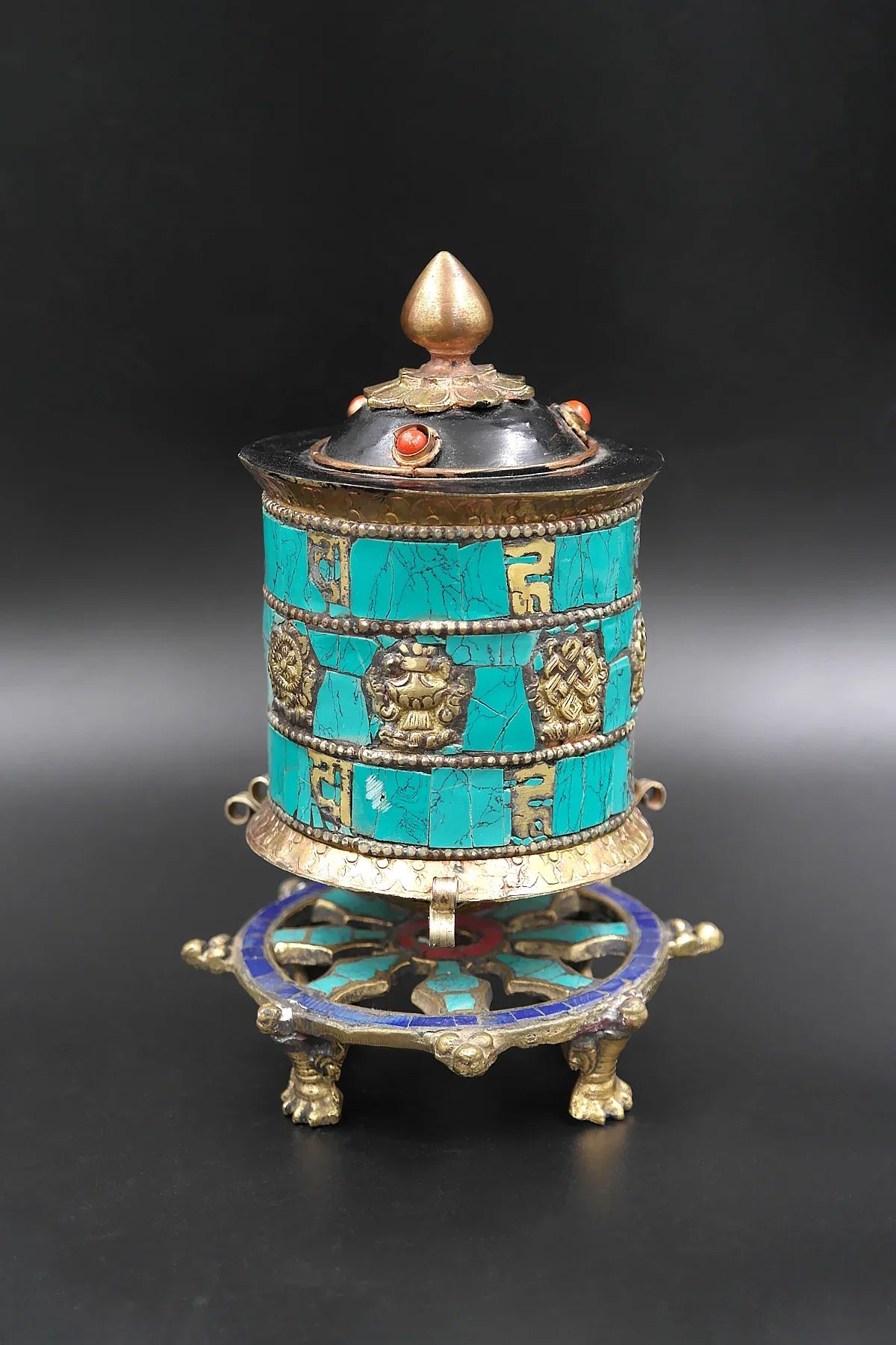 Turquoise inlaid Table Prayer Wheel with Mantra inside - Vajracrafts