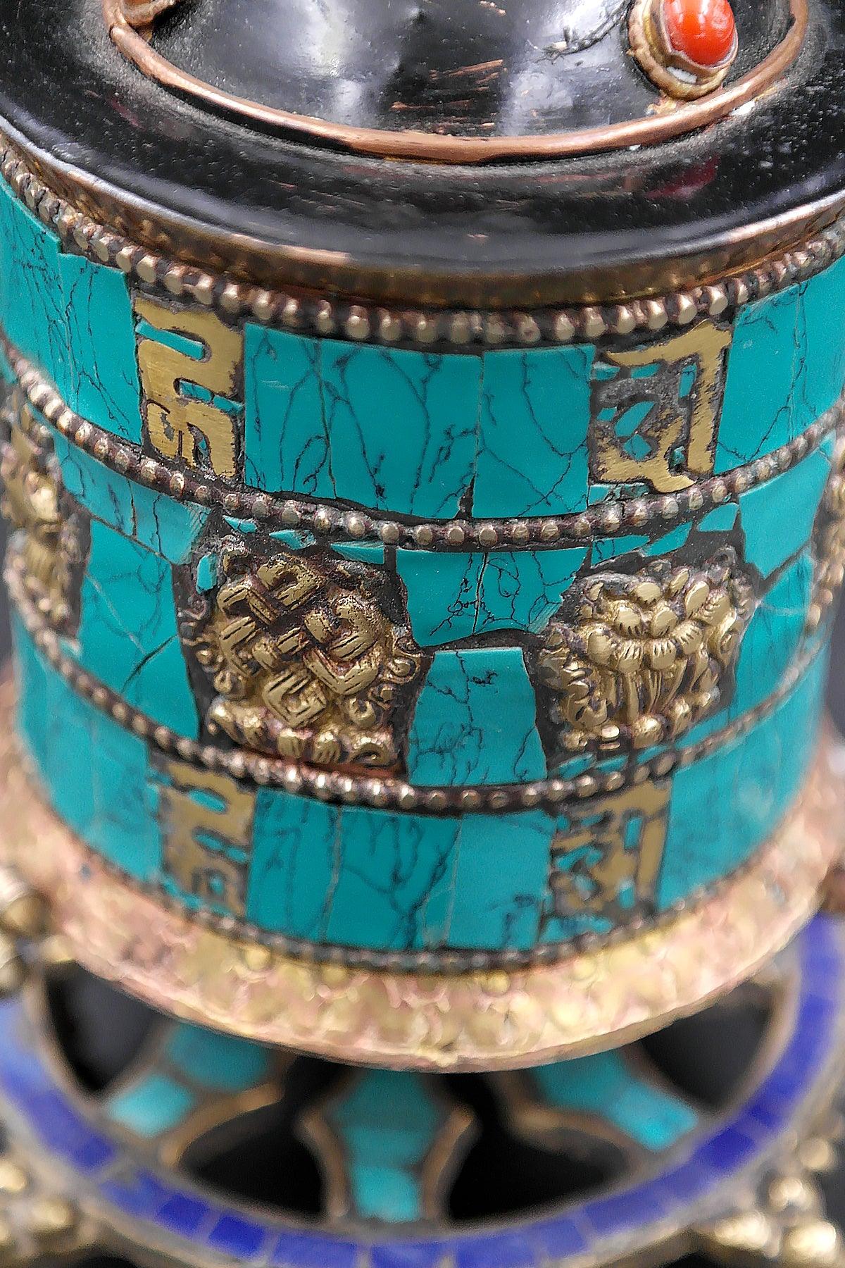 Turquoise inlaid Table Prayer Wheel with Mantra inside - Vajracrafts