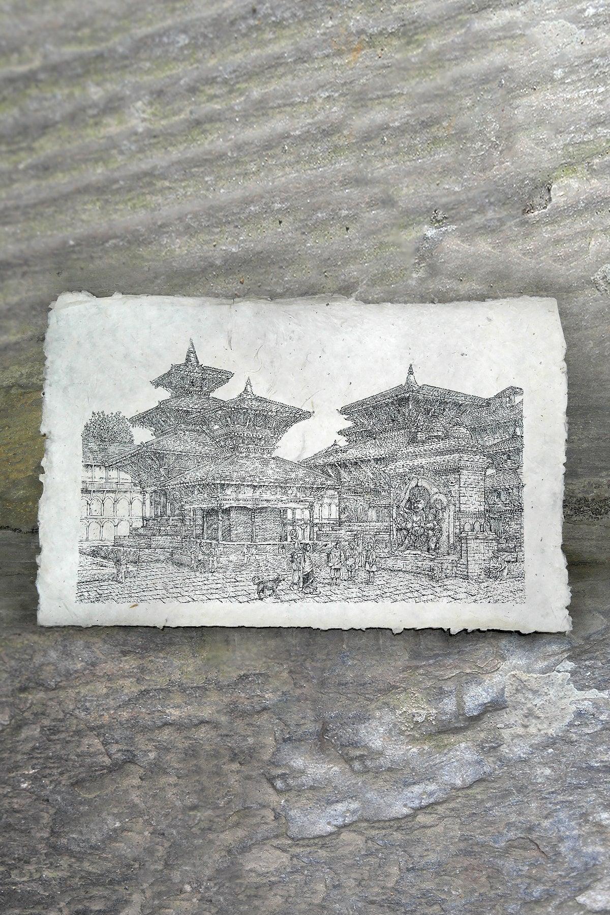 Handmade Lokta Paper Poster of Hanumandhoka Durbar, Kathmandu - Vajracrafts