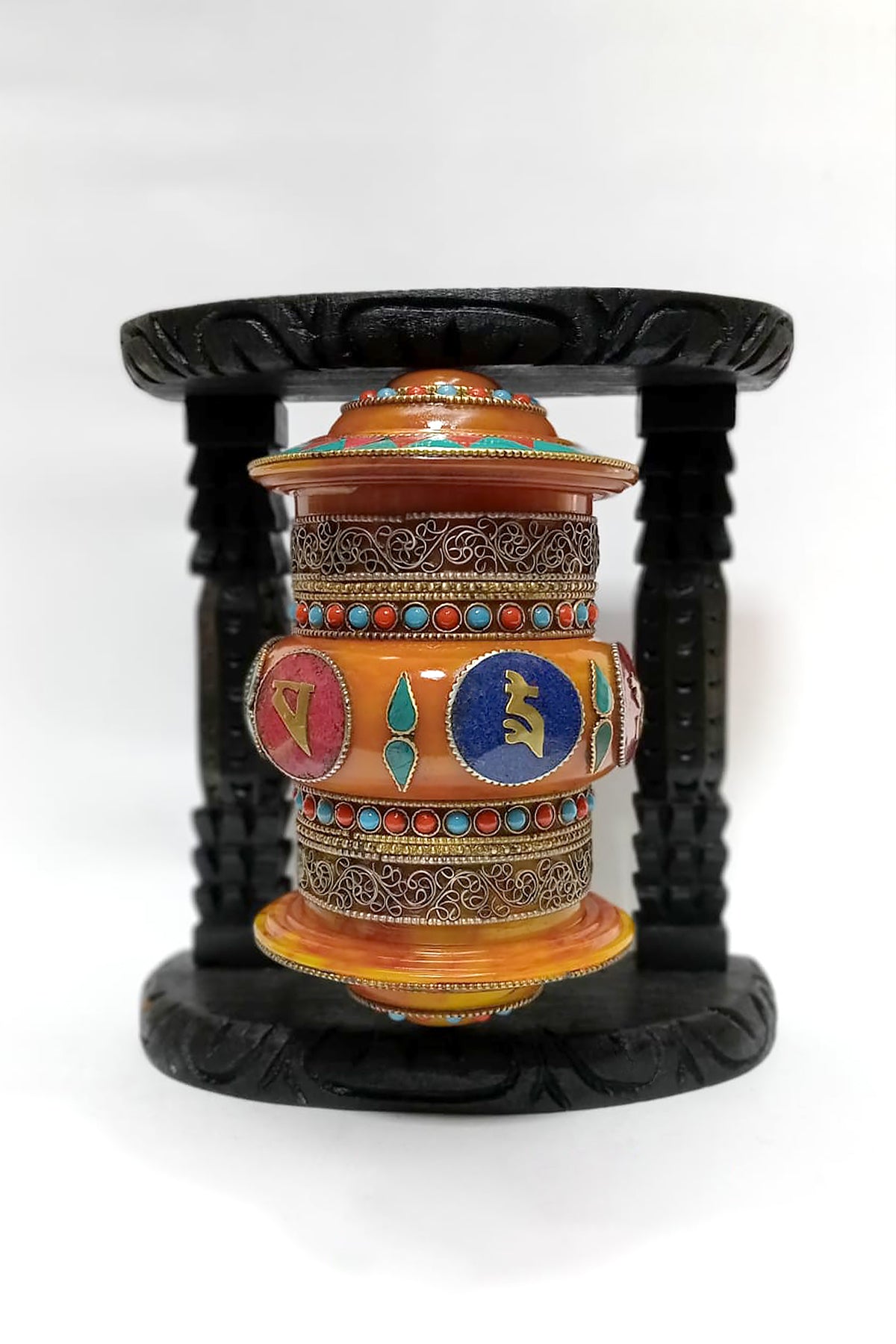 Om Mane peme hum on Gemstone in Prayer Wheel with black frame