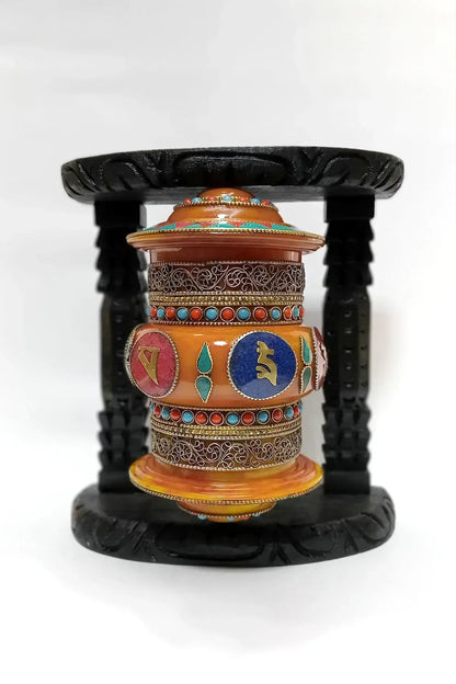 Om Mane peme hum on Gemstone in Prayer Wheel with black frame - Vajracrafts