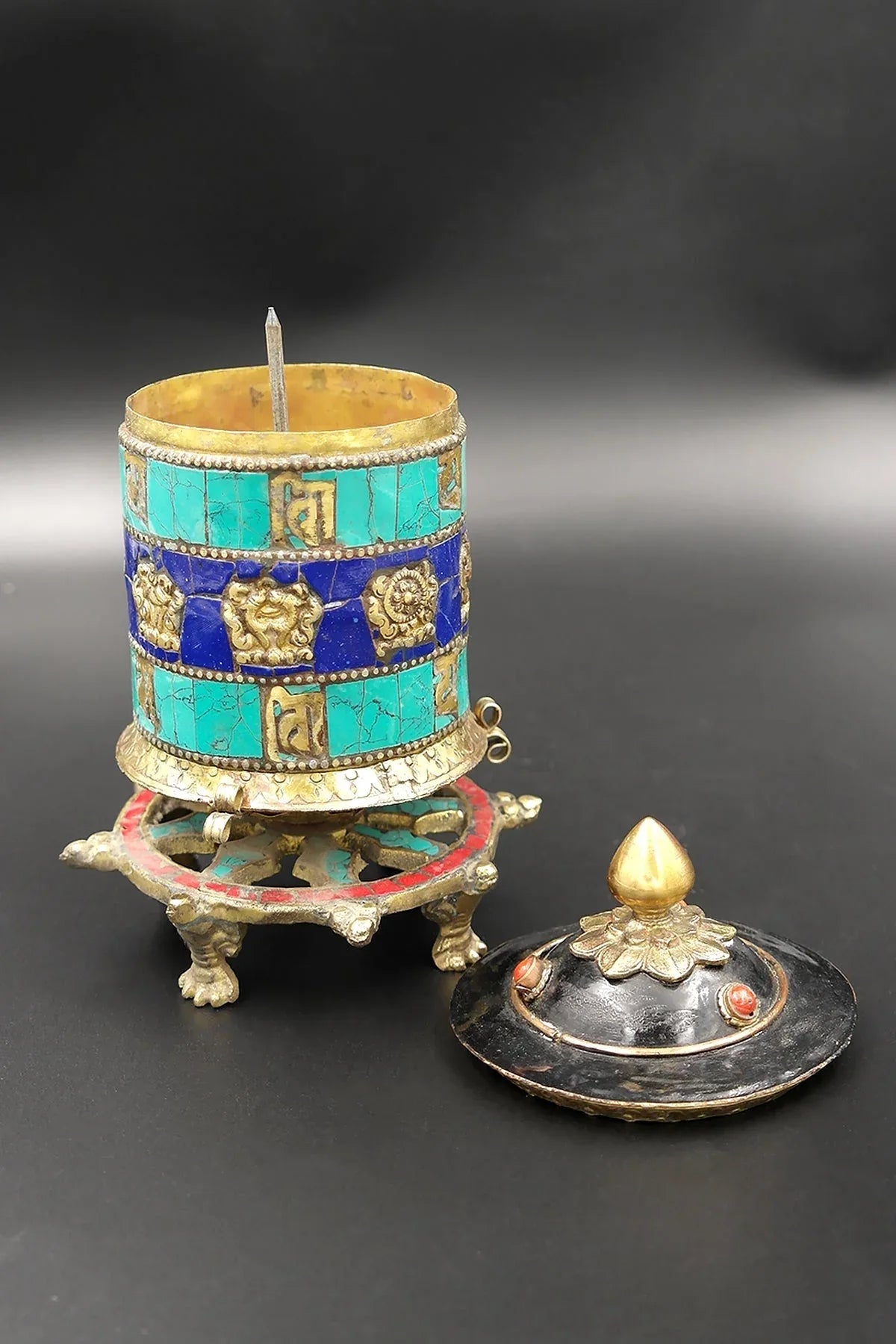 Om mane peme hum mantra embossed desktop Prayer Wheel, 6" - Vajracrafts