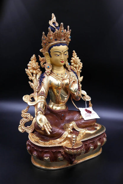Green Tara statue with full Gold Plated from Nepal 13" - Vajracrafts