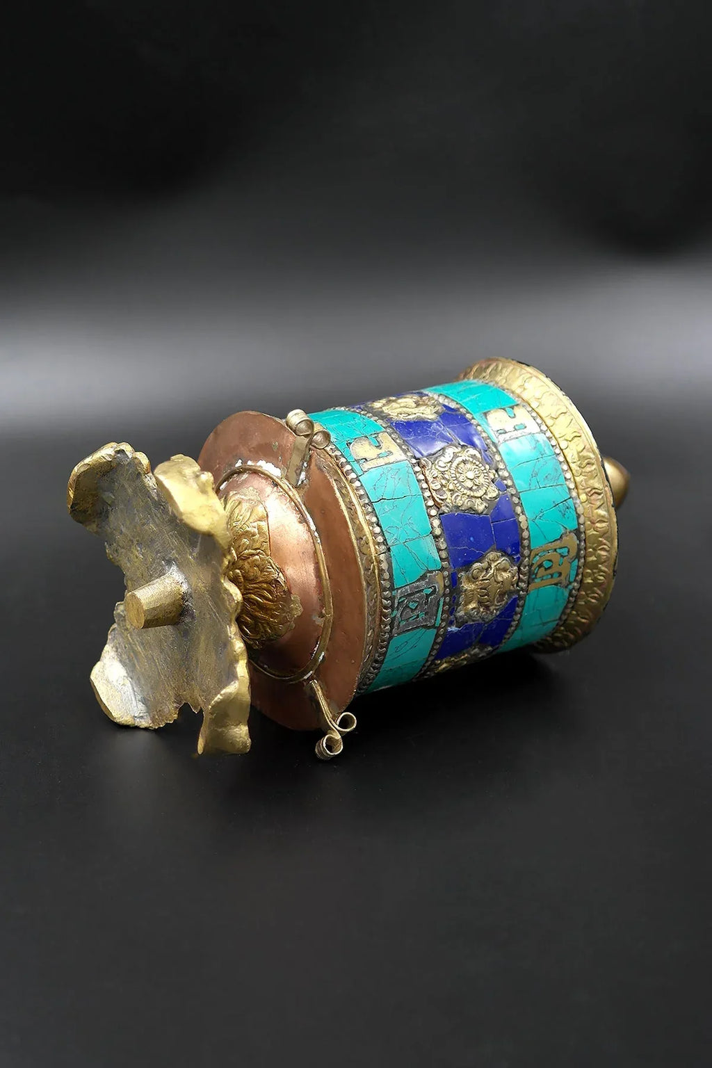 Ashtamangala Spinning Prayer Wheel with Stone Work, 6" - Vajracrafts