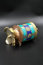 Ashtamangala Spinning Prayer Wheel with Stone Work, 6" - Vajracrafts