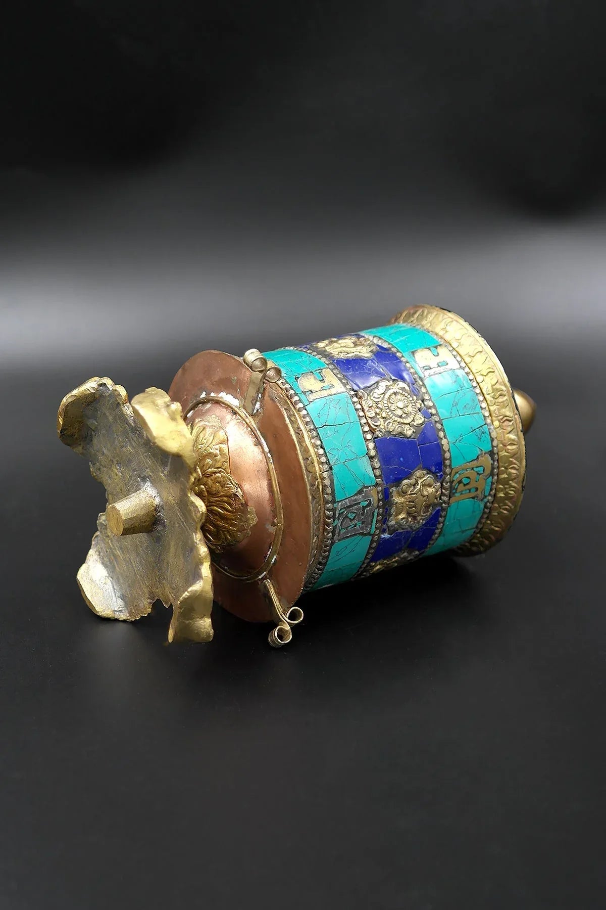 Ashtamangala Spinning Prayer Wheel with Stone Work, 6" - Vajracrafts