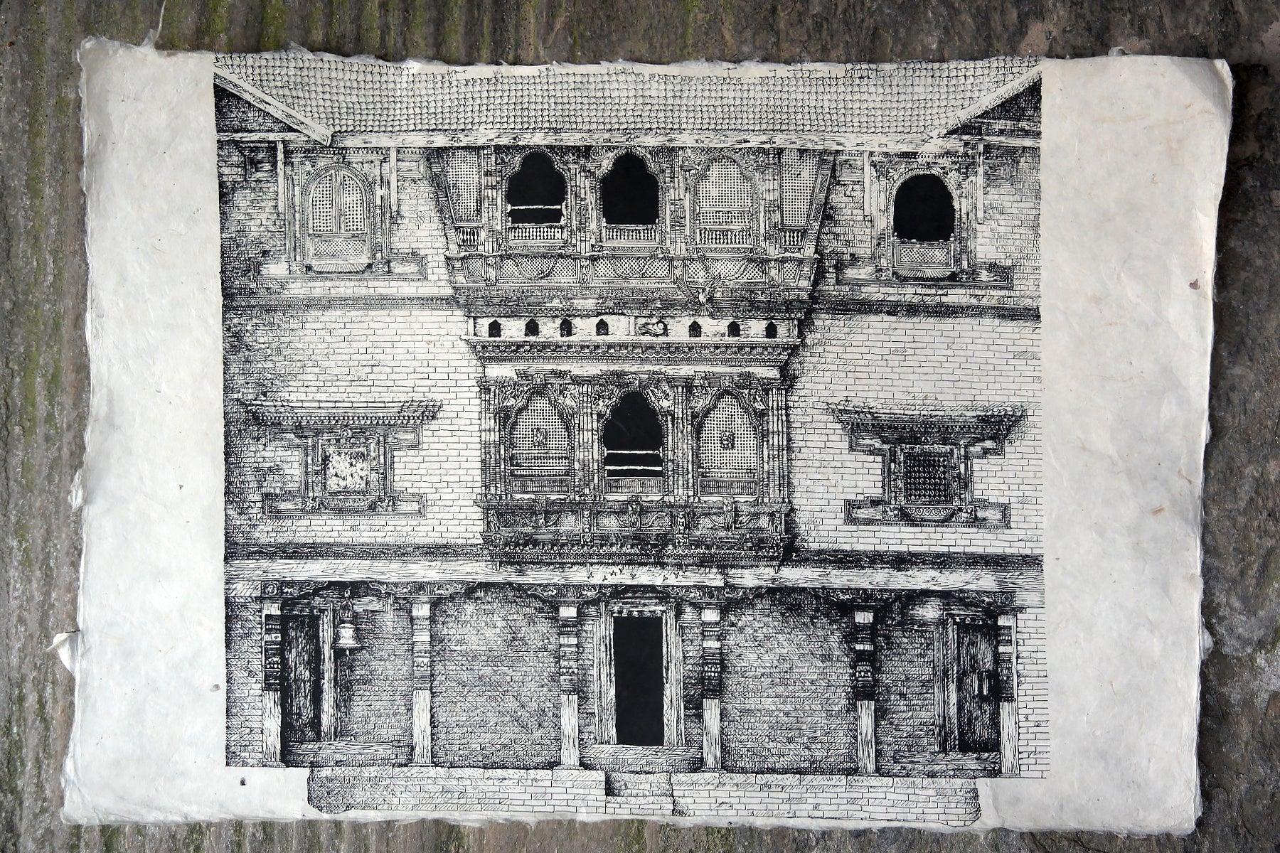 Handmade Lokta Paper Poster of Courtyard Elevation of Kuthu Math, Bhaktapur - Vajracrafts