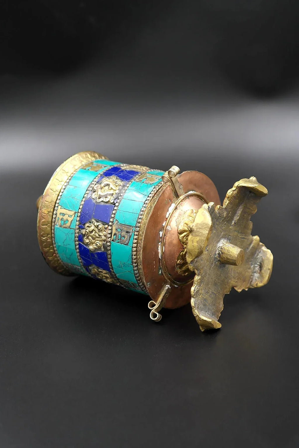 Ashtamangala Spinning Prayer Wheel with Stone Work, 6" - Vajracrafts