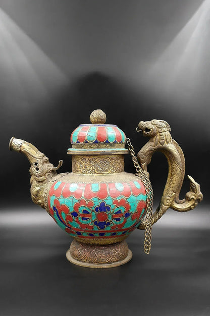 Ancient Tibetan Religious Teapot with Dragon handle Coral and Lapis Stone Art Deco - Vajracrafts