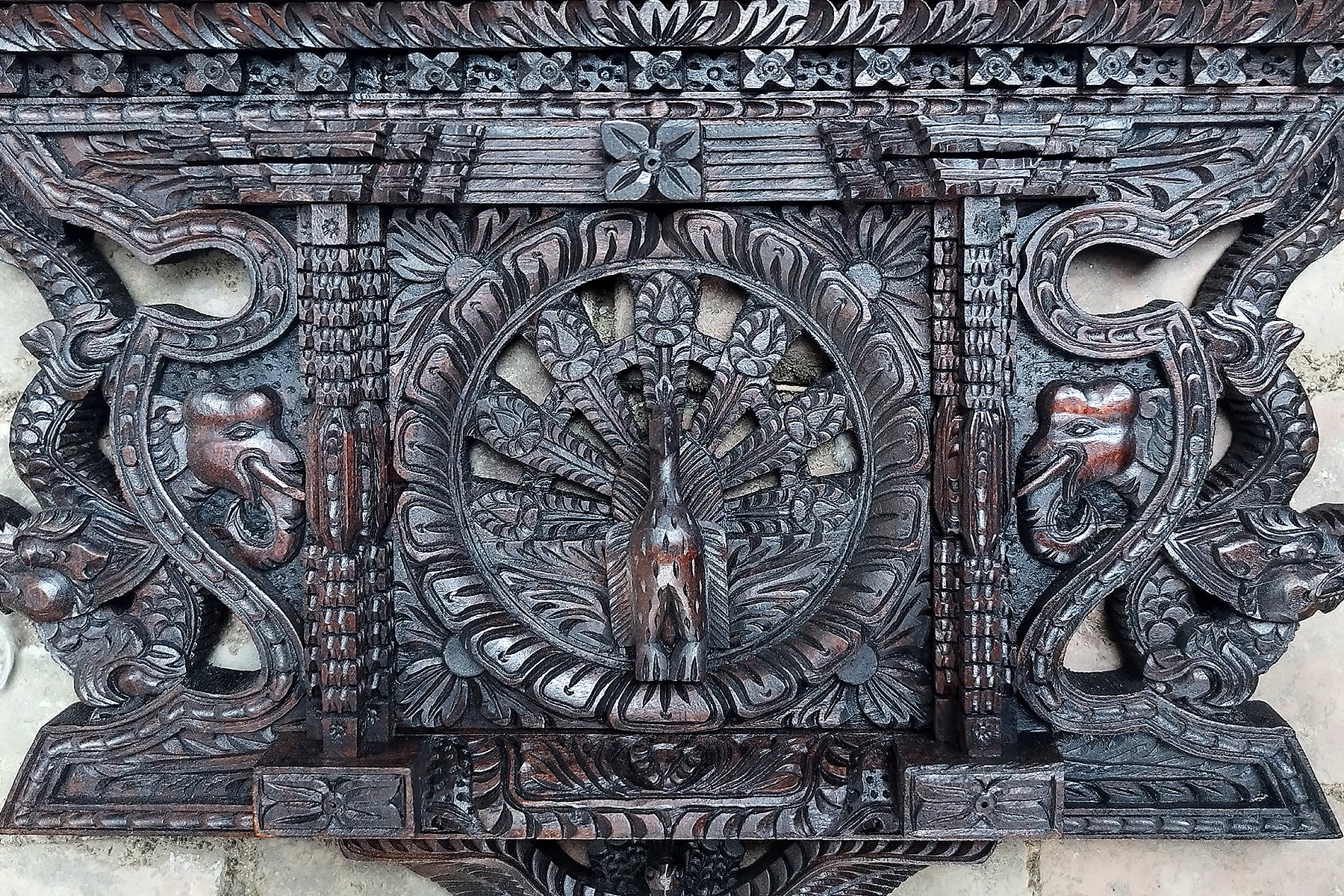 Traditional Handcrafted Wooden Peacock Window with Dragon details