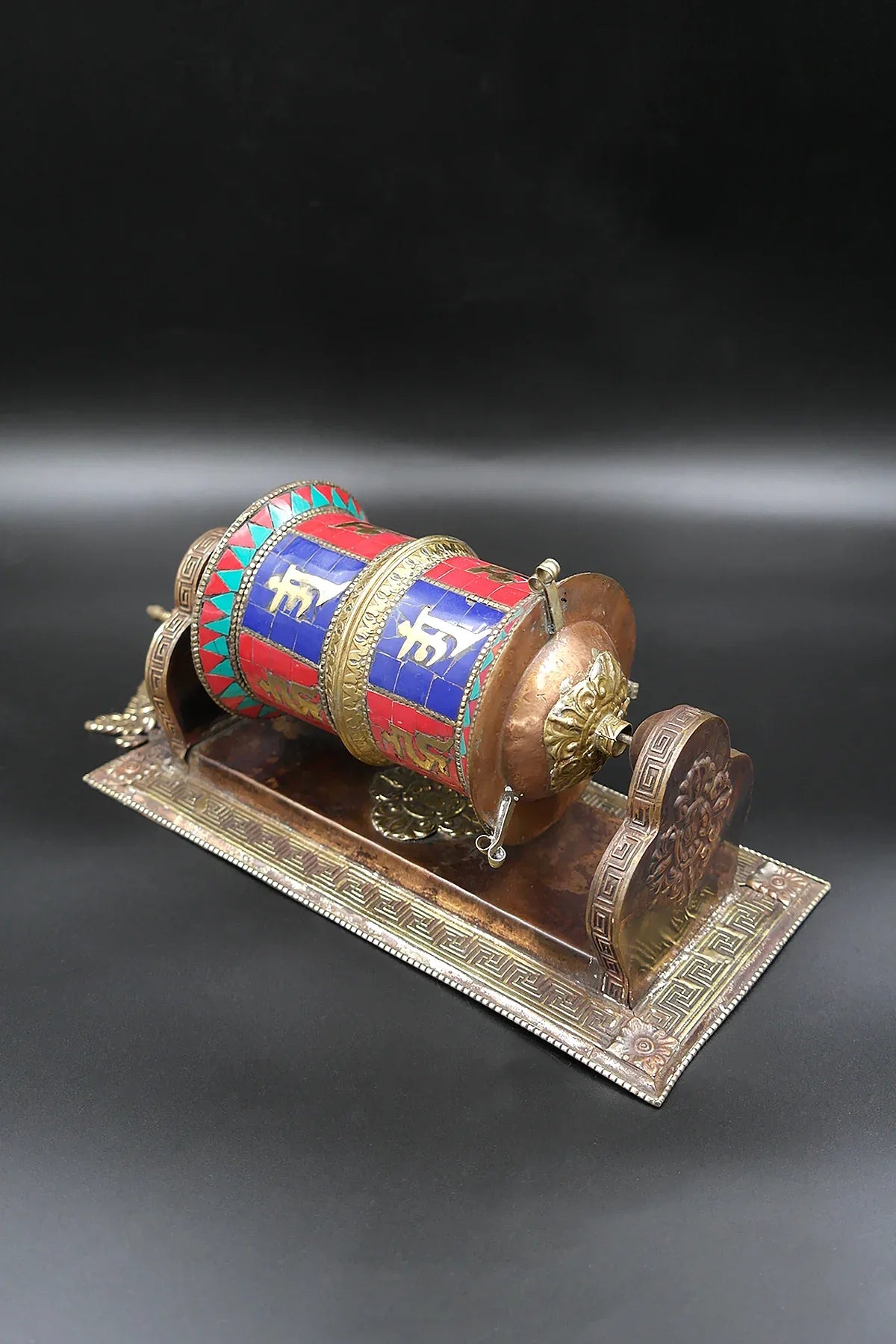 Om mane peme hum mantra inlaid with Gemstone wall mount Prayer Wheel - Vajracrafts