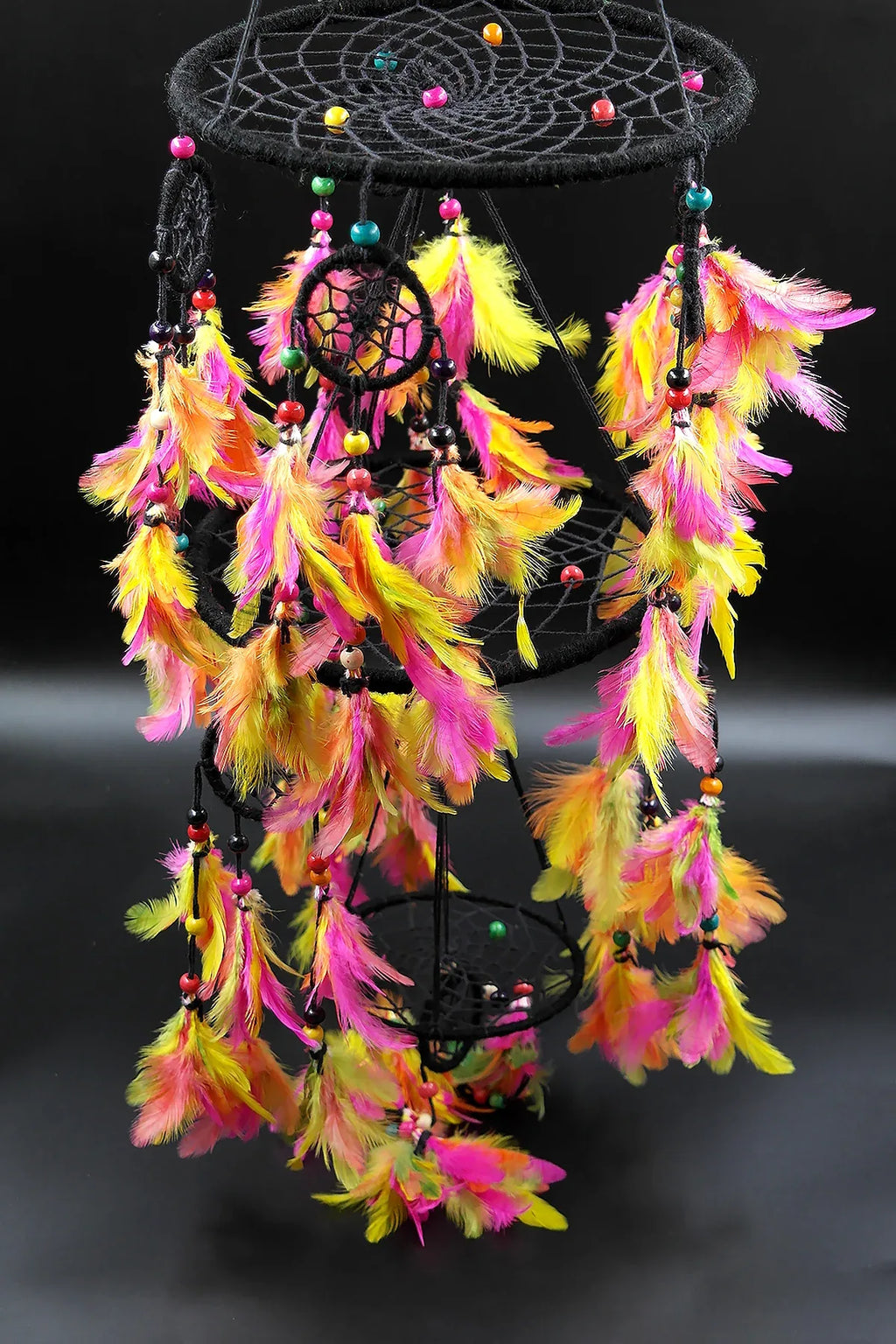 3 tier Dream Catcher Wall Hanging in Black, Feather Hanging Dreamcatcher - Vajracrafts