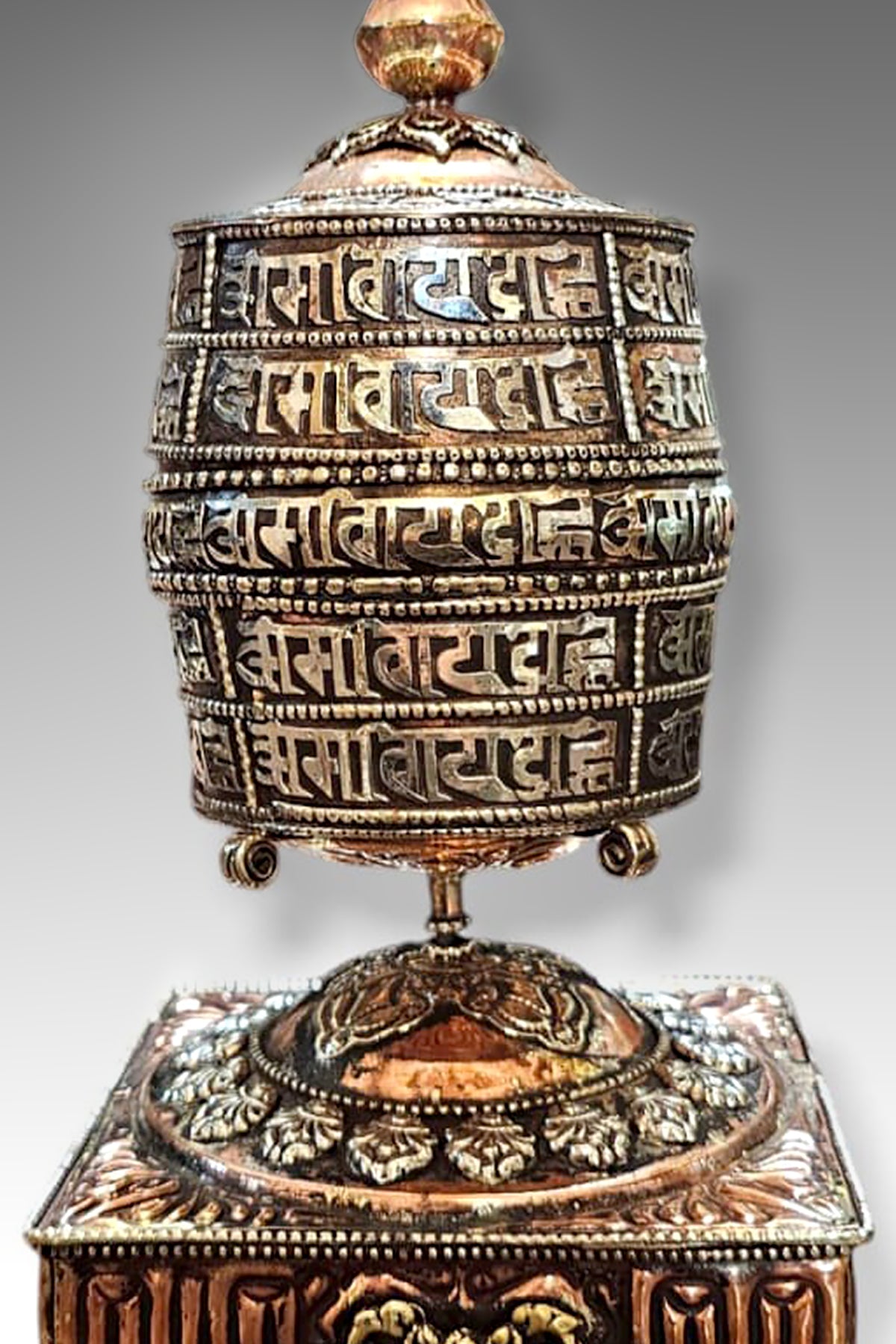 Buddhist Handmade Table Top Copper Prayer Wheel in Square base, 9"