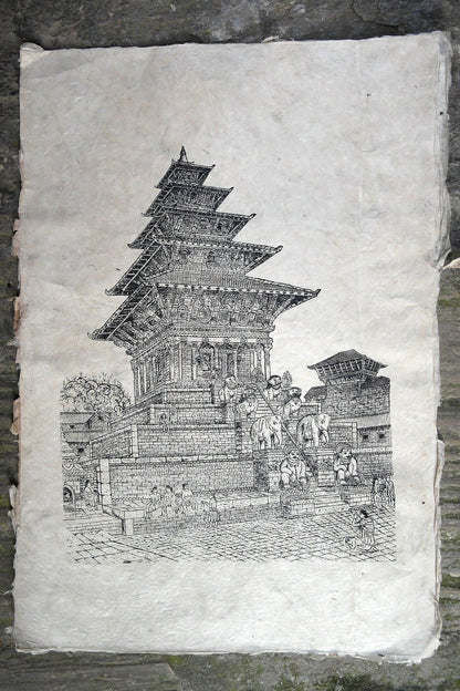 Poster of Nyatapole Temple Bhaktapur, Lokta Paper poster of five tiered temple - Vajracrafts