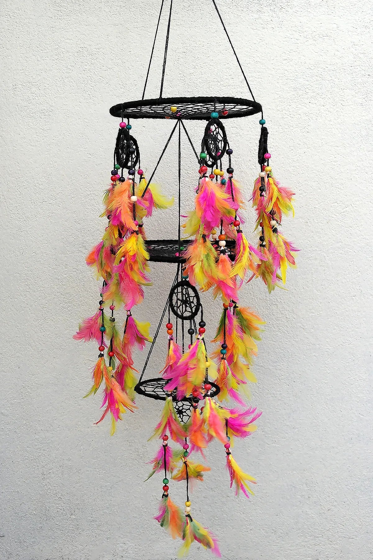 3 tier Dream Catcher Wall Hanging in Black, Feather Hanging Dreamcatcher - Vajracrafts