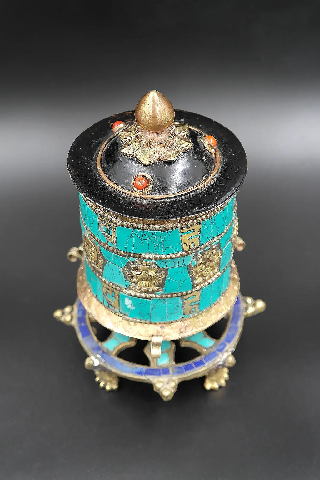 Turquoise inlaid Table Prayer Wheel with Mantra inside - Vajracrafts