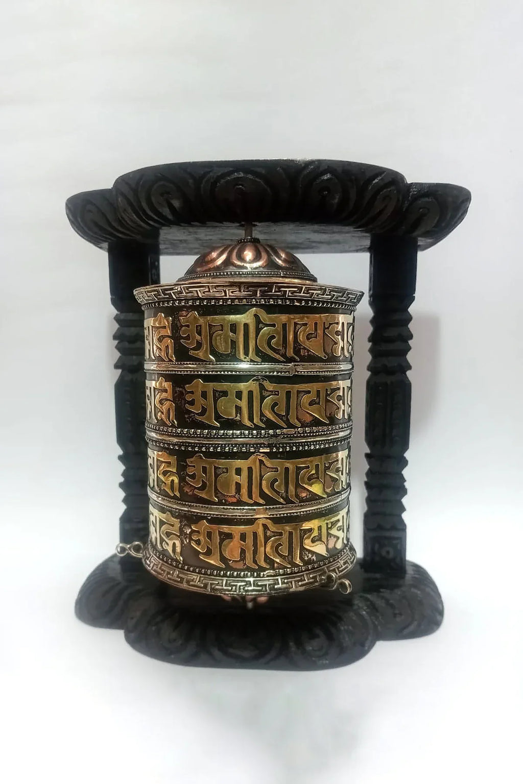 4 lines Om Mane peme hum Mantra copper Prayer Wheel in wooden frame - Vajracrafts