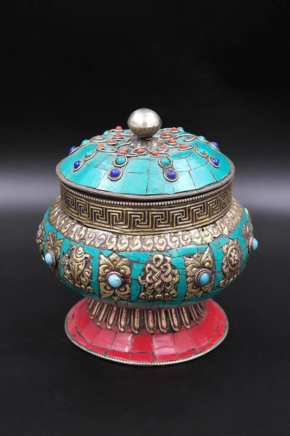 Old Tibetan Turquoise Inlay 8 Auspicious Symbols Treasure Box - Vajracrafts