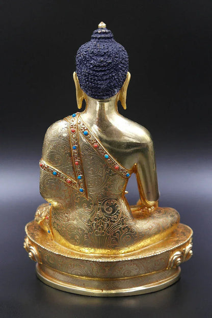Turquoise and Coral inlaid Shakyamuni Buddha Statue, 8"