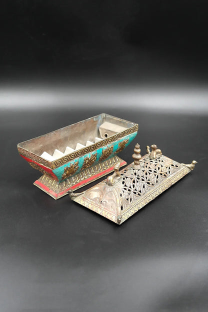 Turquoise Inlaid Tibetan Deer & Lucky 8-Signs Incense Burner - Vajracrafts