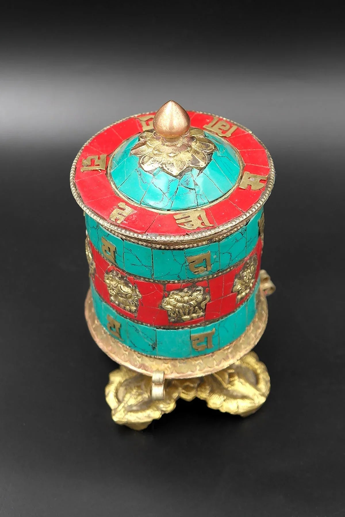Coral and Turquoise inlaid eight Auspicious signs in Prayer Wheel, 6" - Vajracrafts