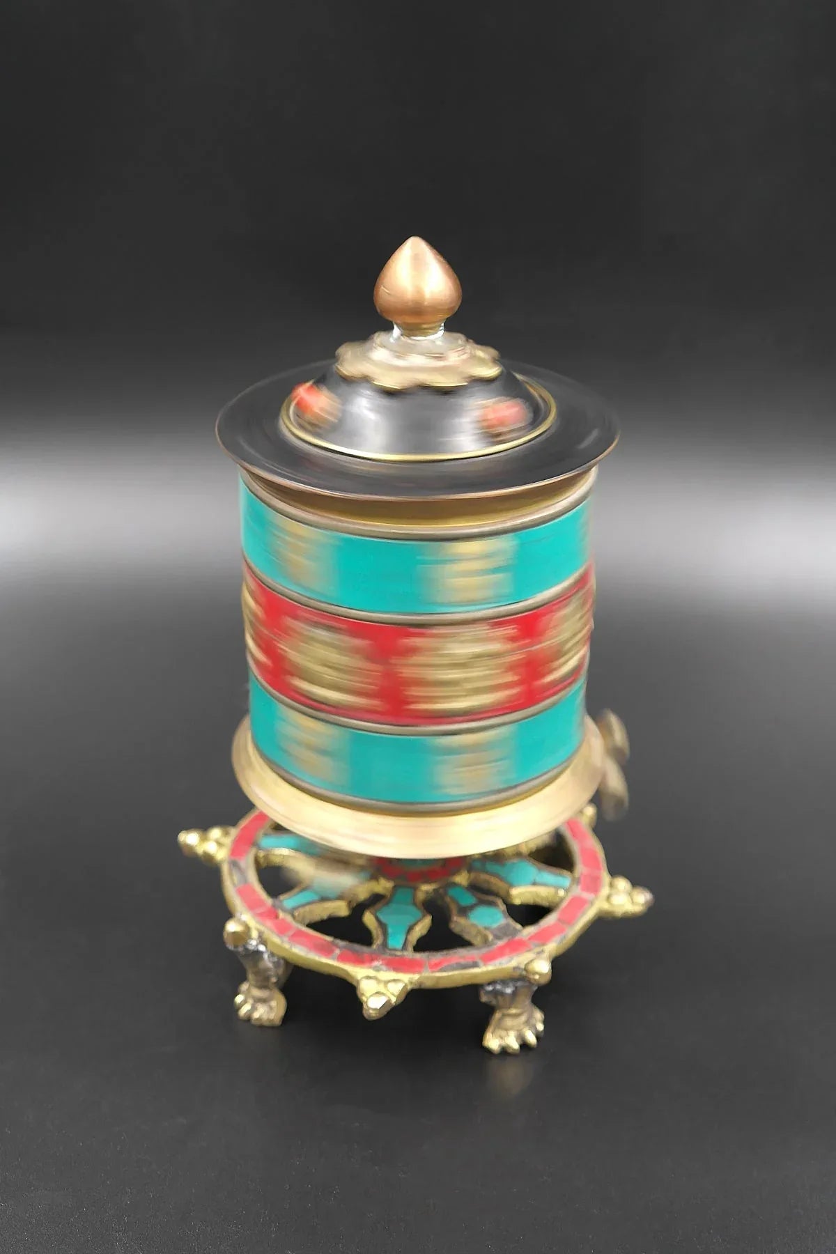 Two Lines Mantra inlaid table top Prayer Wheels with Dharma chakra base - Vajracrafts