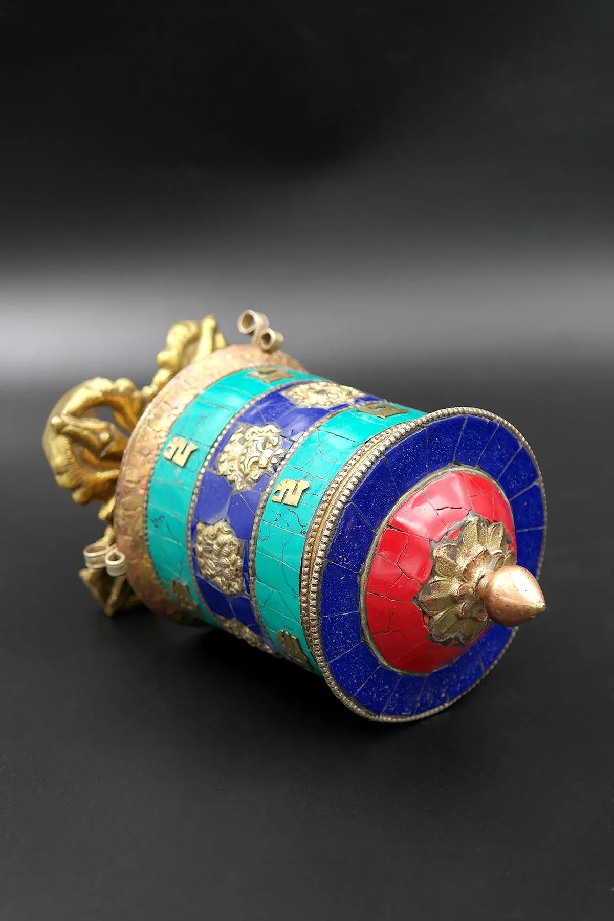 Table top Prayer Wheel with Eight Auspicious Symbols and Gemstones, 6" - Vajracrafts