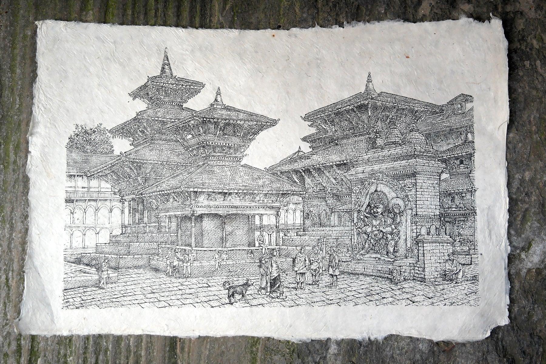 Handmade Lokta Paper Poster of Hanumandhoka Durbar, Kathmandu - Vajracrafts