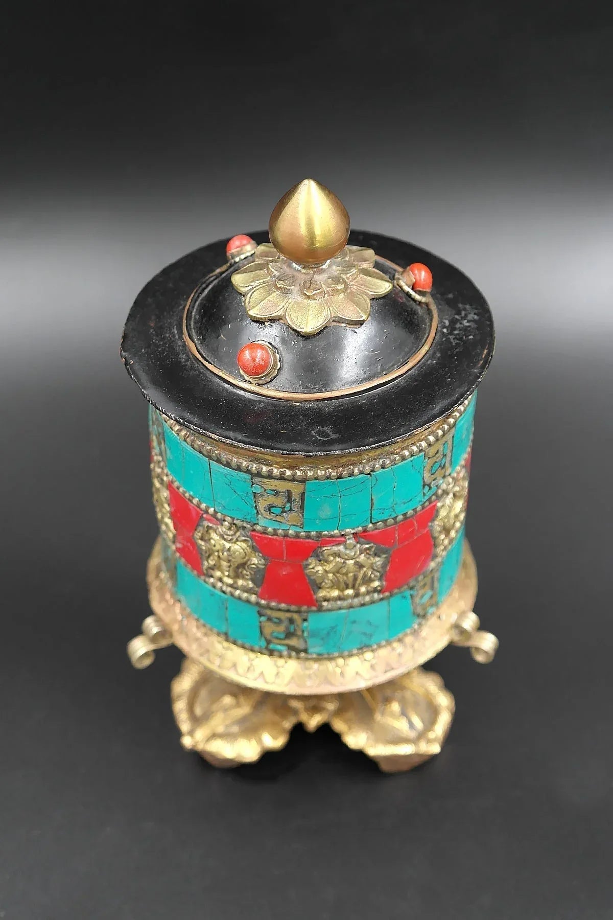 Two Lines Mantra and zemstones inlaid table top Prayer Wheels - Vajracrafts