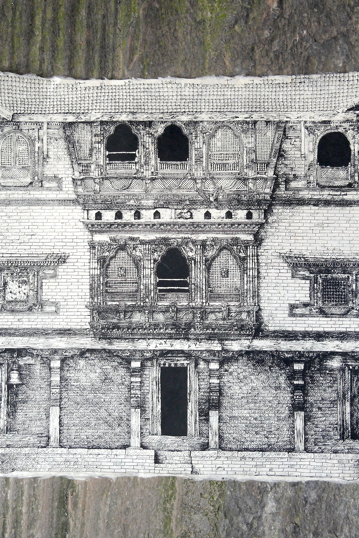 Handmade Lokta Paper Poster of Courtyard Elevation of Kuthu Math, Bhak | Vajracrafts