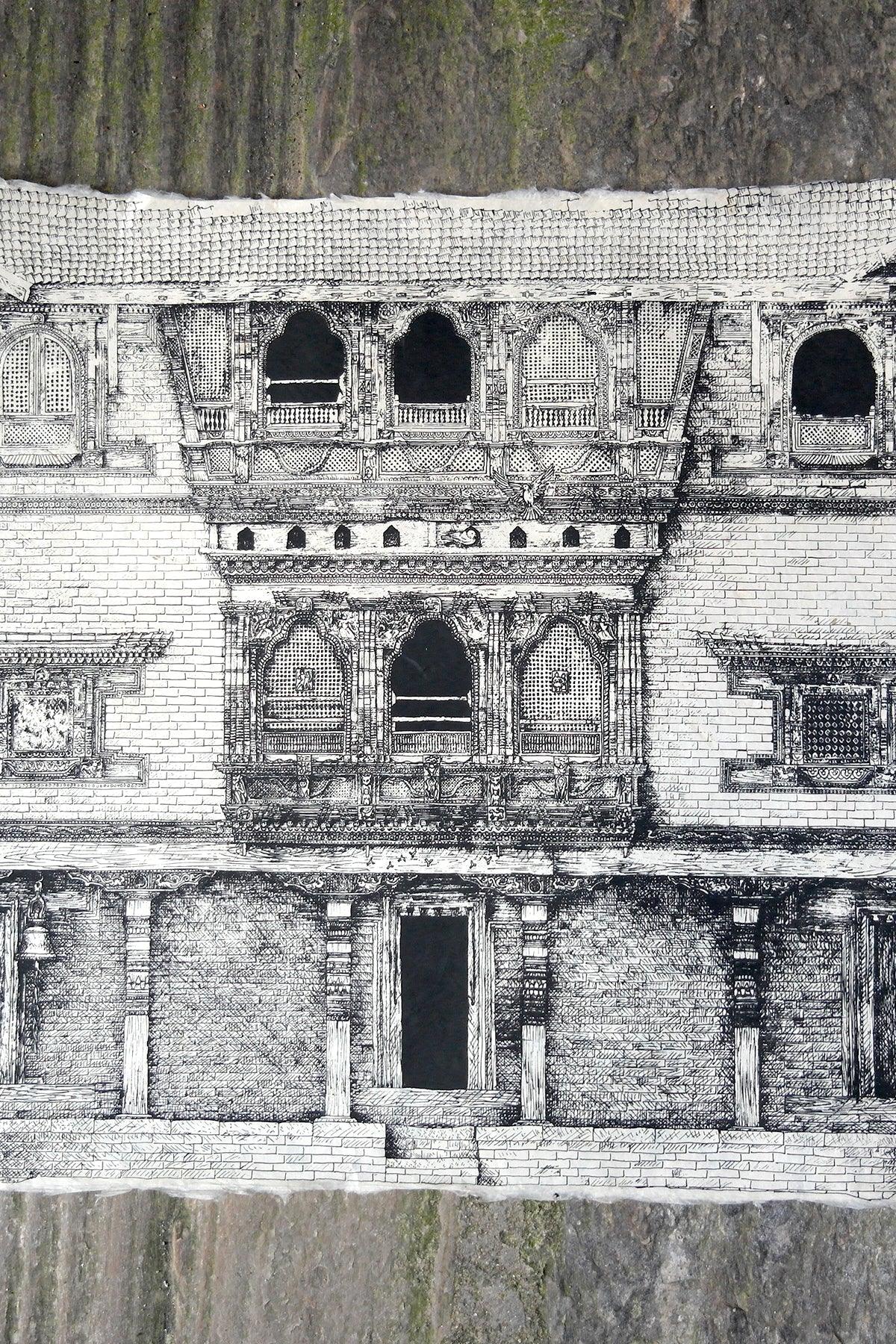 Handmade Lokta Paper Poster of Courtyard Elevation of Kuthu Math, Bhaktapur - Vajracrafts