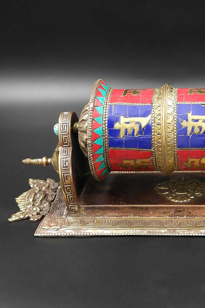 Om mane peme hum mantra inlaid with Gemstone wall mount Prayer Wheel - Vajracrafts