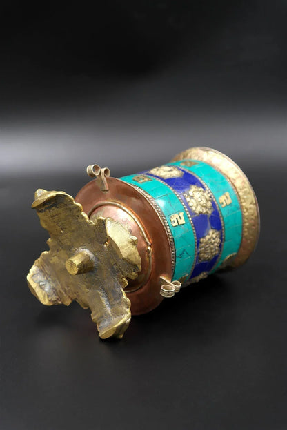 Table top Prayer Wheel with Eight Auspicious Symbols and Gemstones, 6" - Vajracrafts