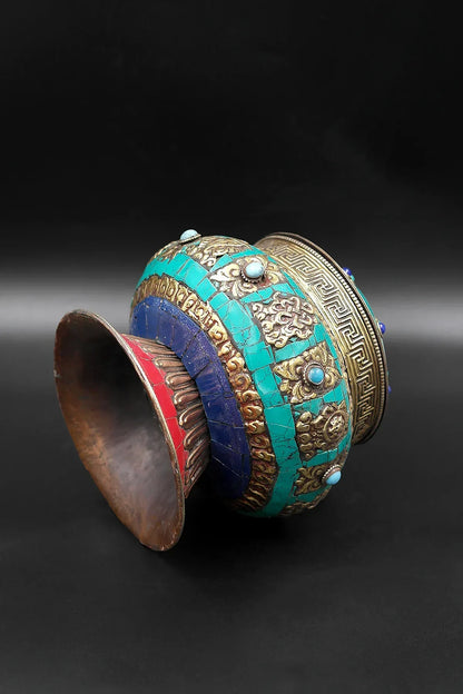 Old Tibetan Turquoise Inlay 8 Auspicious Symbols Treasure Box - Vajracrafts