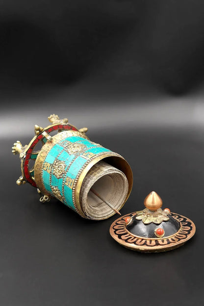 Eight Auspicious signs in Turquoise inlays desktop Prayer Wheel, 6" - Vajracrafts