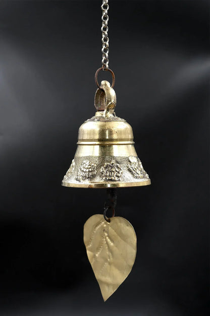 Eight Auspicious signs in hanging wind bell with leaf hanger, 4.5" - Vajracrafts