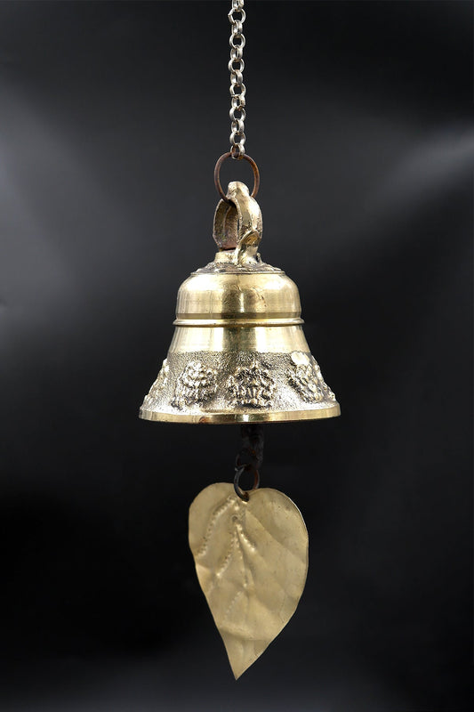 Eight Auspicious signs in hanging wind bell with leaf hanger, 4.5"