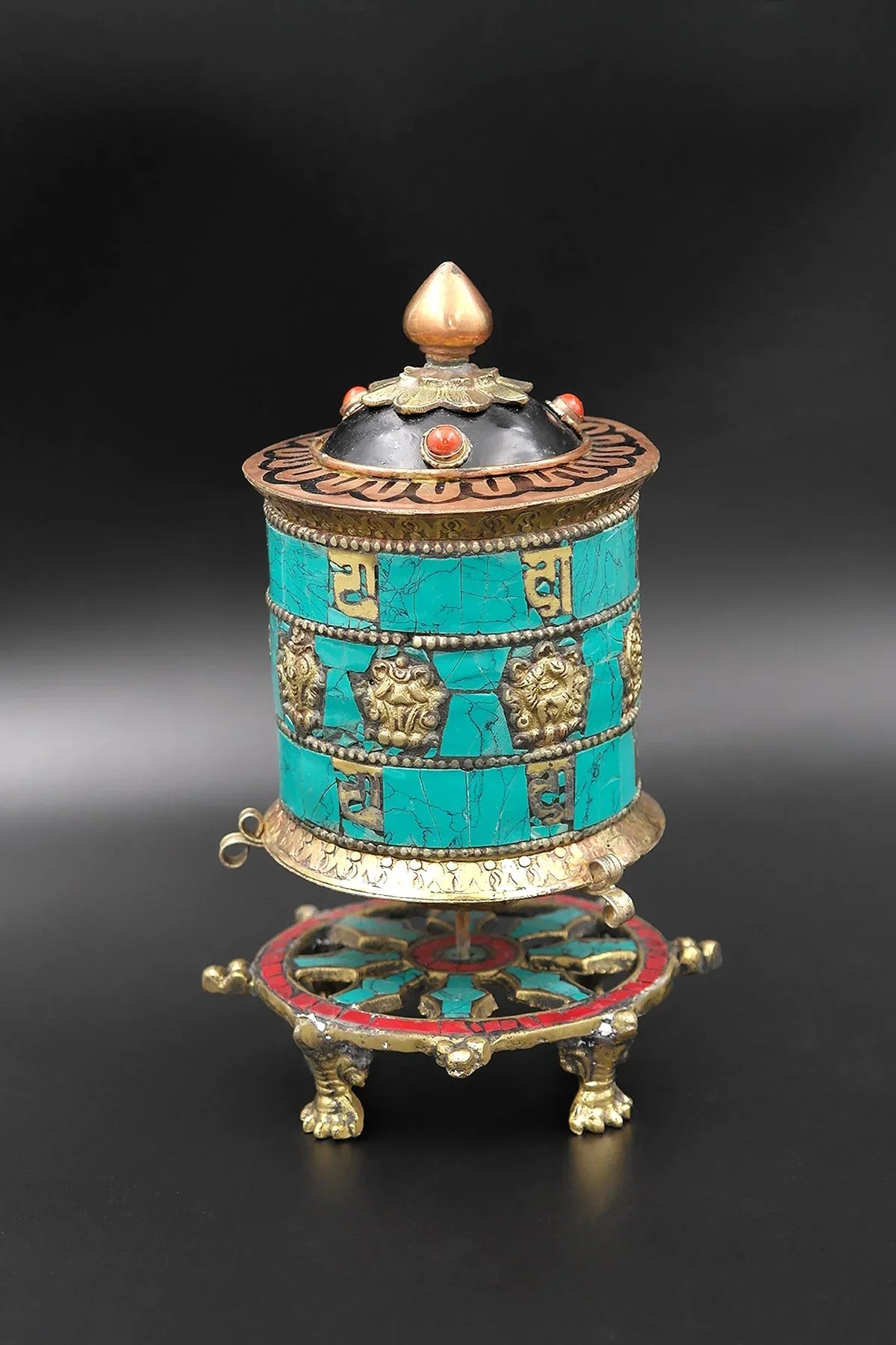 Eight Auspicious signs in Turquoise inlays desktop Prayer Wheel, 6" - Vajracrafts