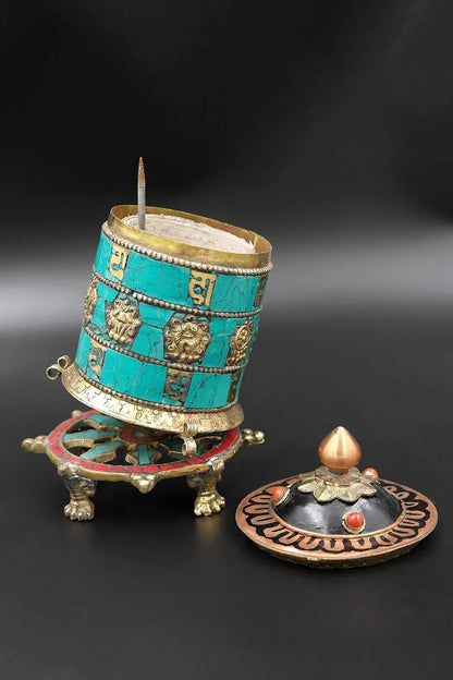 Eight Auspicious signs in Turquoise inlays desktop Prayer Wheel, 6" - Vajracrafts