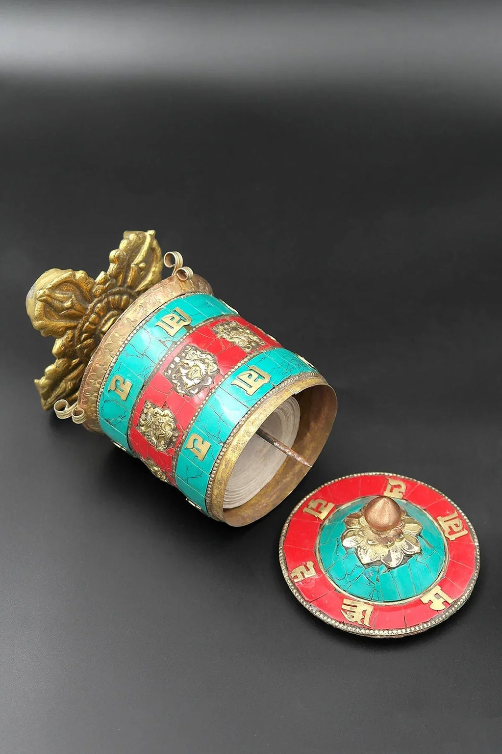 Coral and Turquoise inlaid eight Auspicious signs in Prayer Wheel, 6" - Vajracrafts