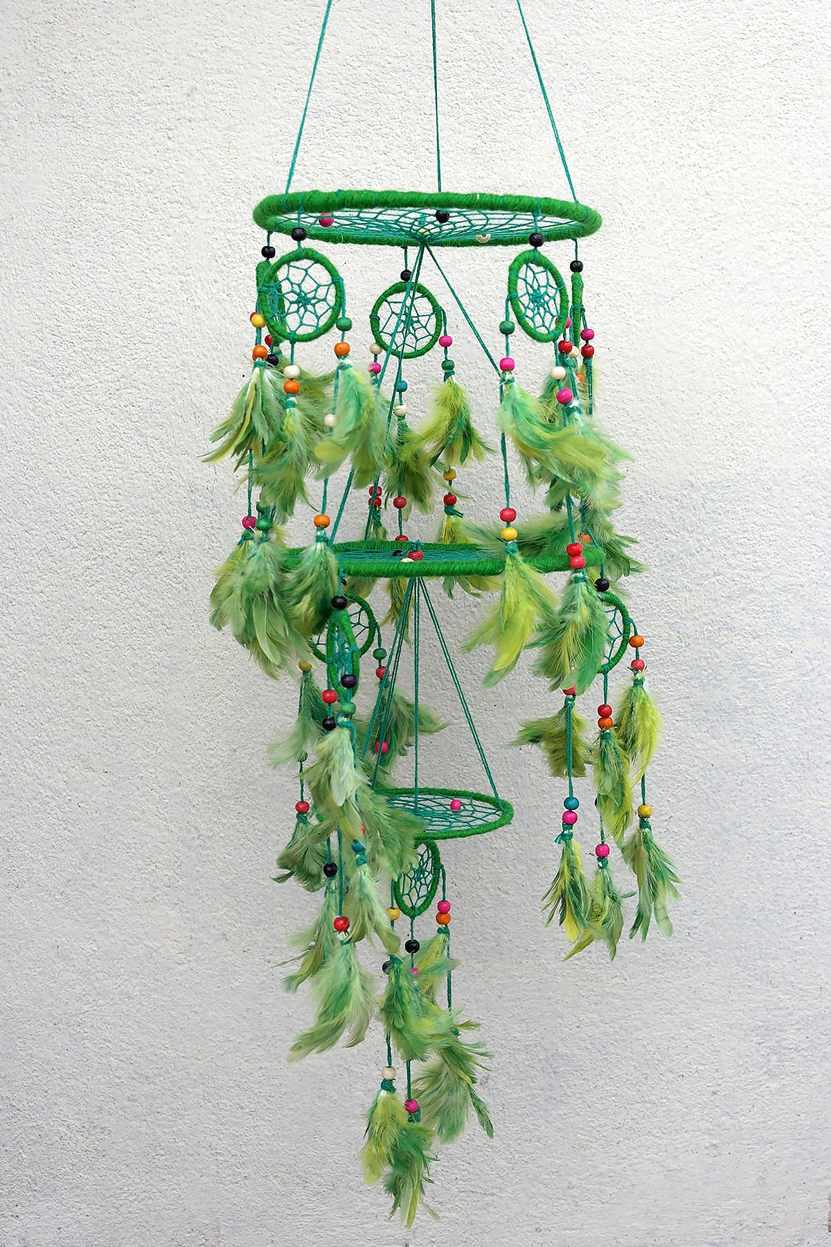 3 tier Dream Catcher Wall Hanging in Green, Handmade Ornament Feather