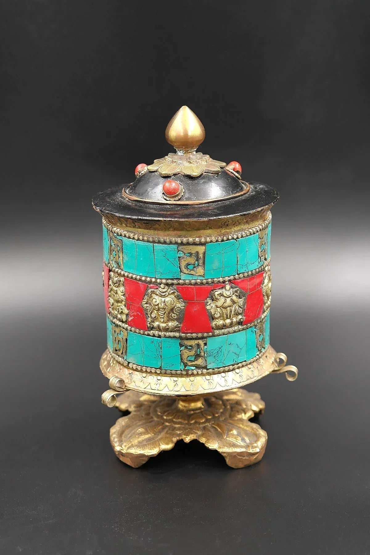Two Lines Mantra and zemstones inlaid table top Prayer Wheels - Vajracrafts
