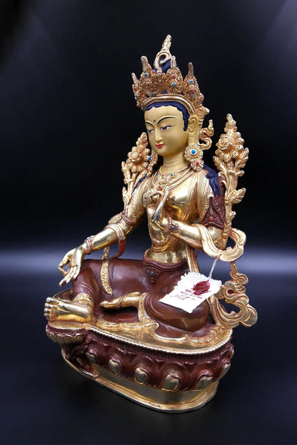 Green Tara statue with full Gold Plated from Nepal 13" - Vajracrafts