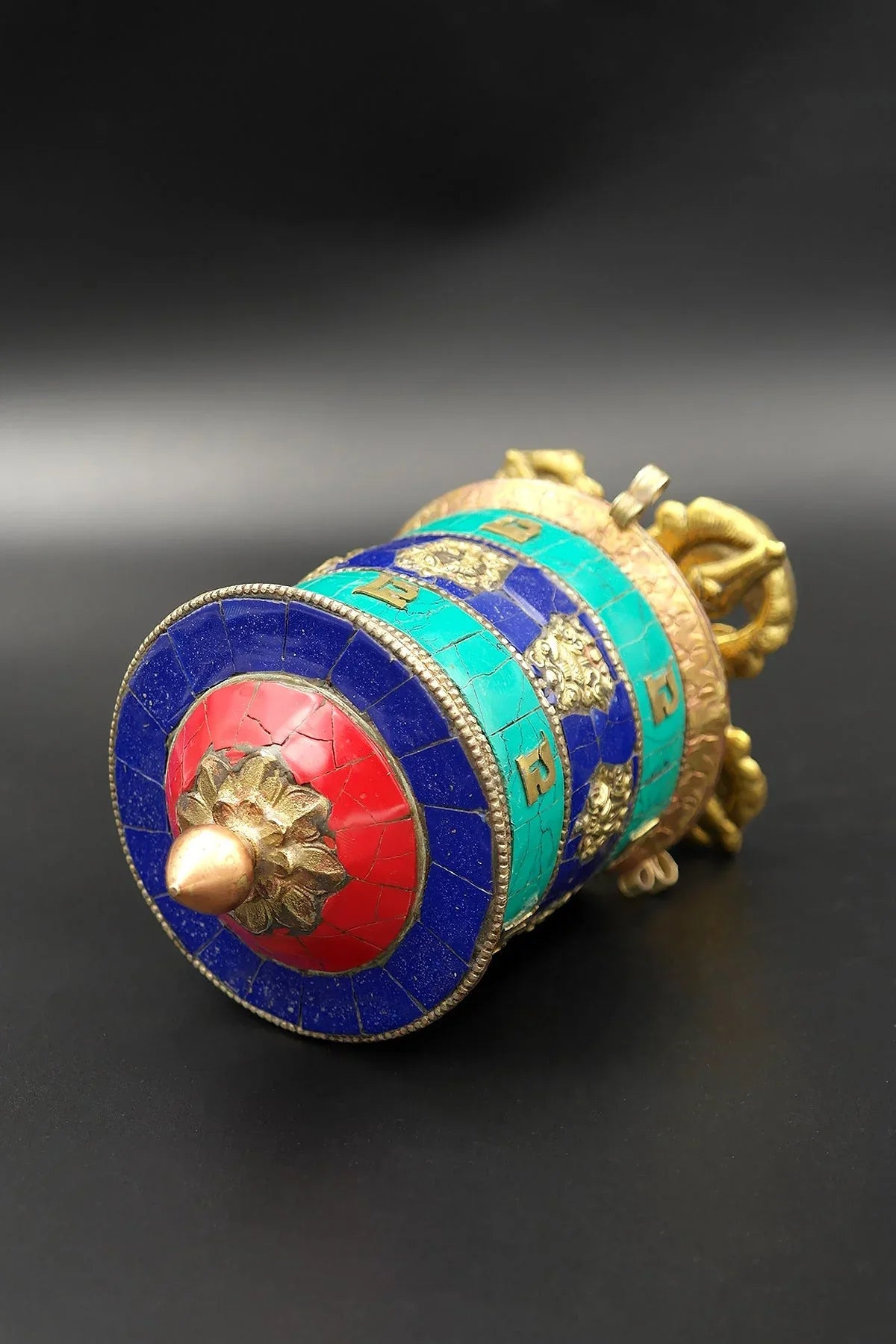 Table top Prayer Wheel with Eight Auspicious Symbols and Gemstones, 6" - Vajracrafts